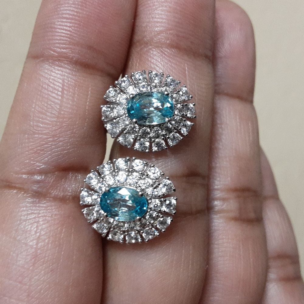 925 Natural, Untreated Blue And White Zircon Stud Earrings.